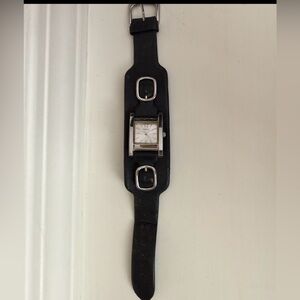 Guess Tank Watch Women’s Silver Tone Black Leather Cuff Needs Battery